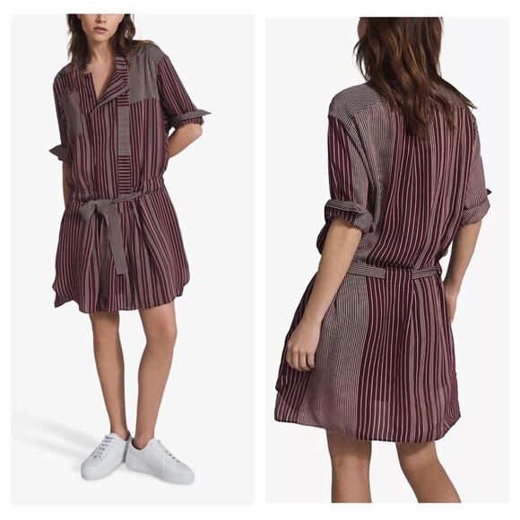 NWT Reiss Albi Burgundy Striped Shirt Dress Size 0 Tie Waist Button Workwear - Picture 16 of 16
